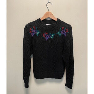 Vintage Cambridge Women Sweater Petite Small Black Floral Embroidered Grannycore